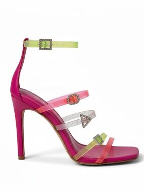 Schutz Neon Pink Strappy Heels Rhinestone Clear Straps 8.5